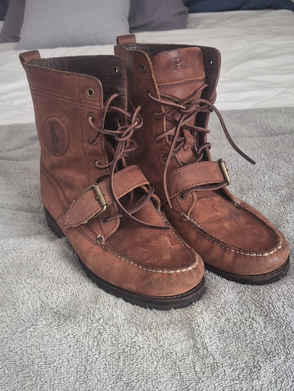 Polo by Ralph Lauren Tan Brown Leather Lace-Up Strap Moc Toe Boots for Men